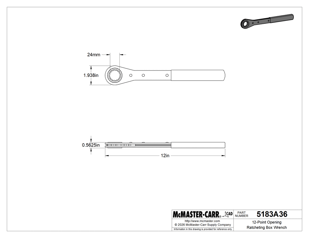 Technical Drawing of 12-Point Opening Ratcheting Box Wrench, 24 mm Size, 12" Overall Length.